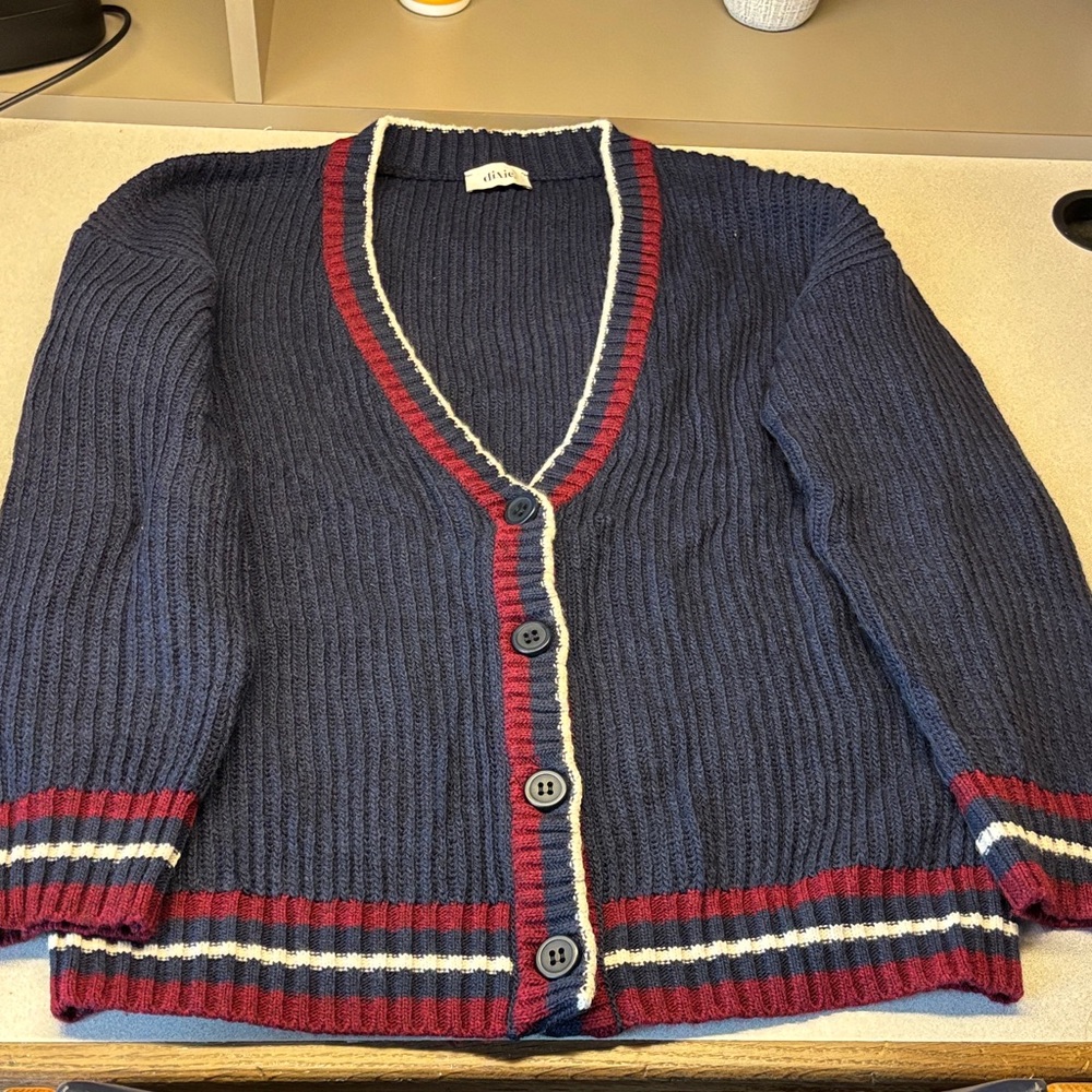 Navy and Burgundy Button-Up Cardigan